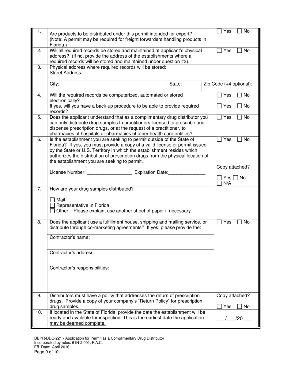 Form DBPR-DDC-221 Application for Permit as a Complimentary Drug Distributor - Florida, Page 9