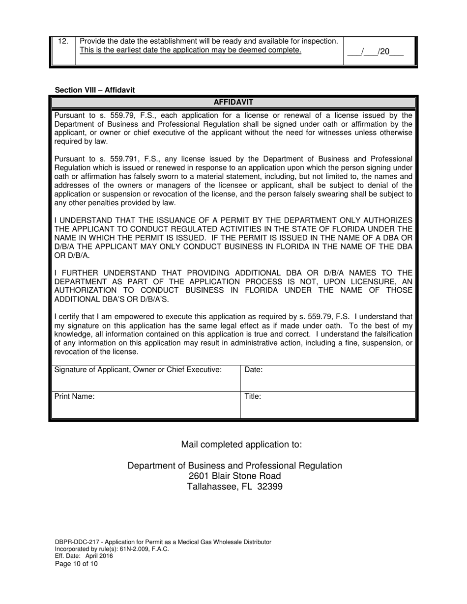 Form DBPR-DDC-217 Application for Permit as a Medical Gas Wholesale Distributor - Florida, Page 10