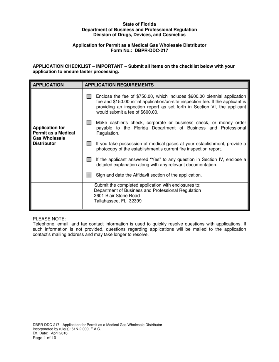 Form DBPR-DDC-217 Application for Permit as a Medical Gas Wholesale Distributor - Florida, Page 1