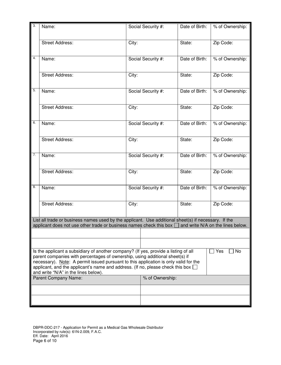 Form DBPR-DDC-217 Application for Permit as a Medical Gas Wholesale Distributor - Florida, Page 6