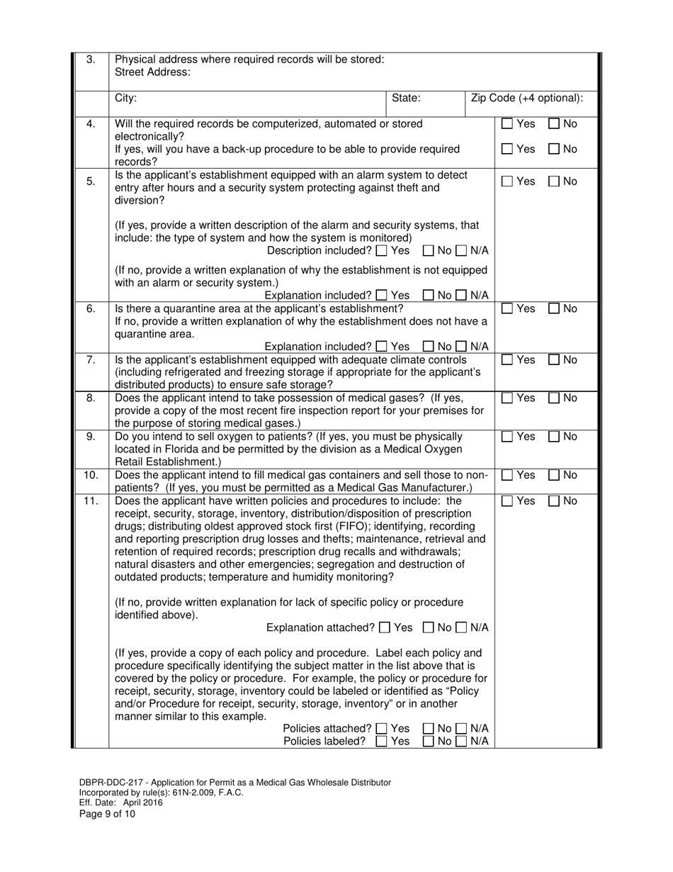 Form DBPR-DDC-217 Application for Permit as a Medical Gas Wholesale Distributor - Florida, Page 9