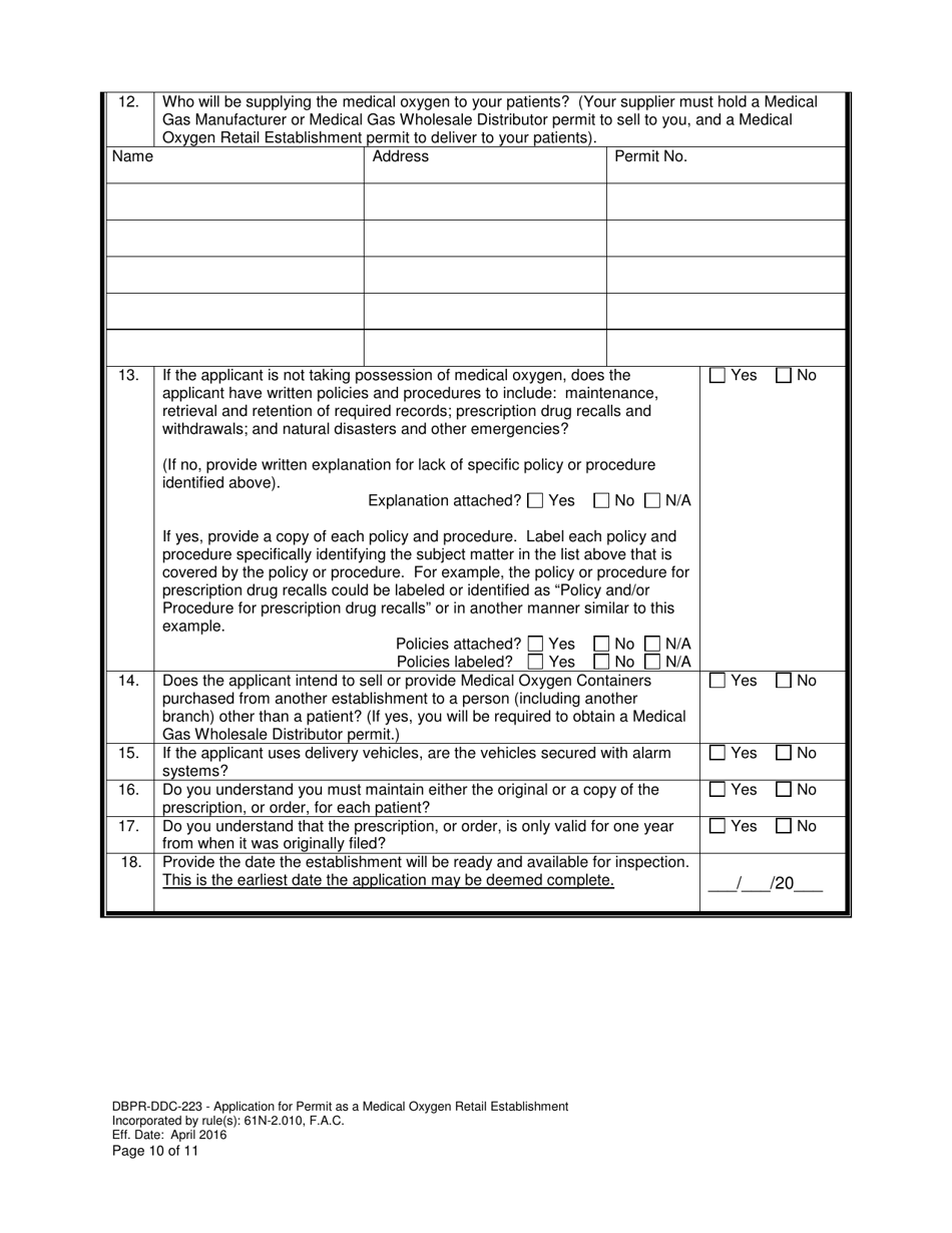 Form DBPR-DDC-223 Application for Permit as a Medical Oxygen Retail Establishment - Florida, Page 10
