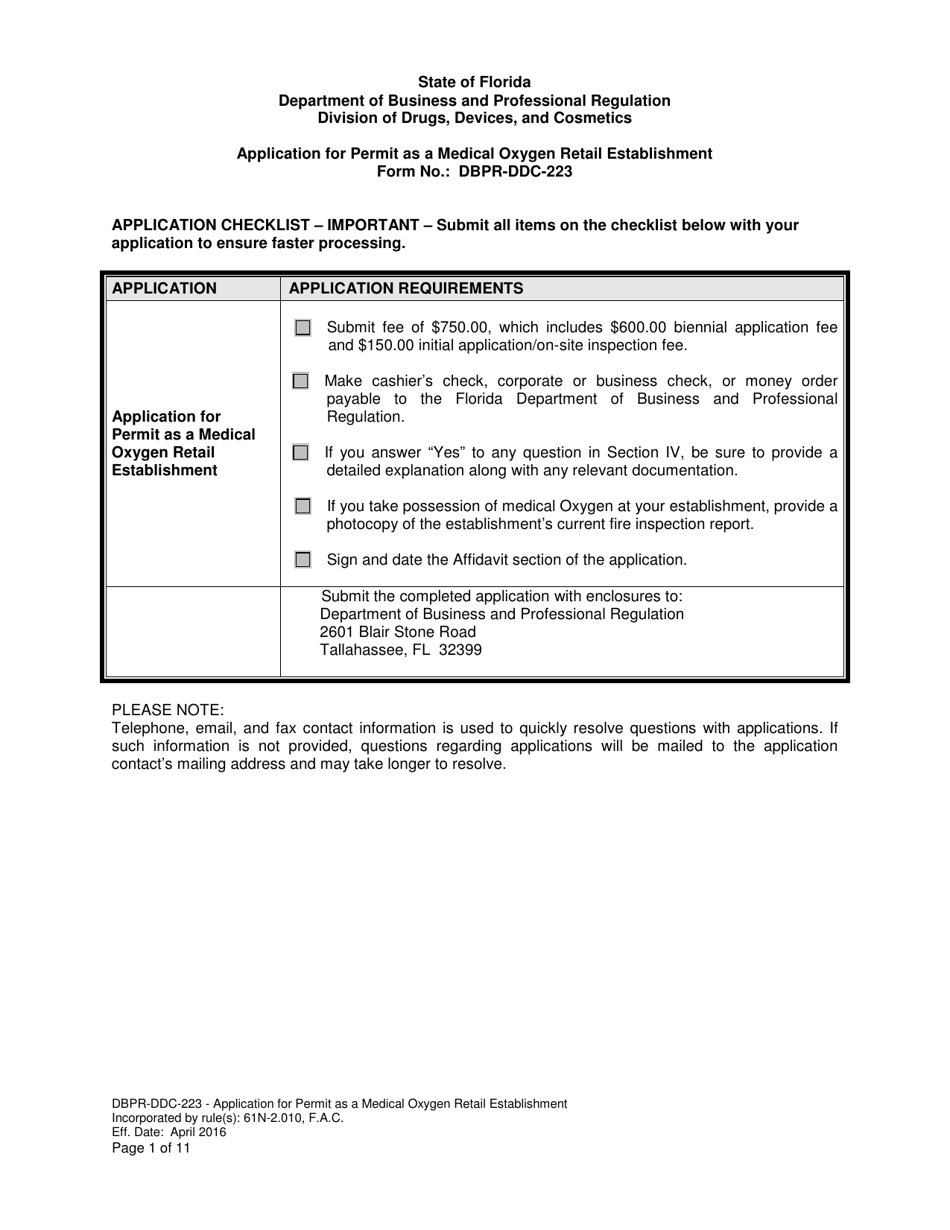 Form DBPR-DDC-223 Application for Permit as a Medical Oxygen Retail Establishment - Florida, Page 1