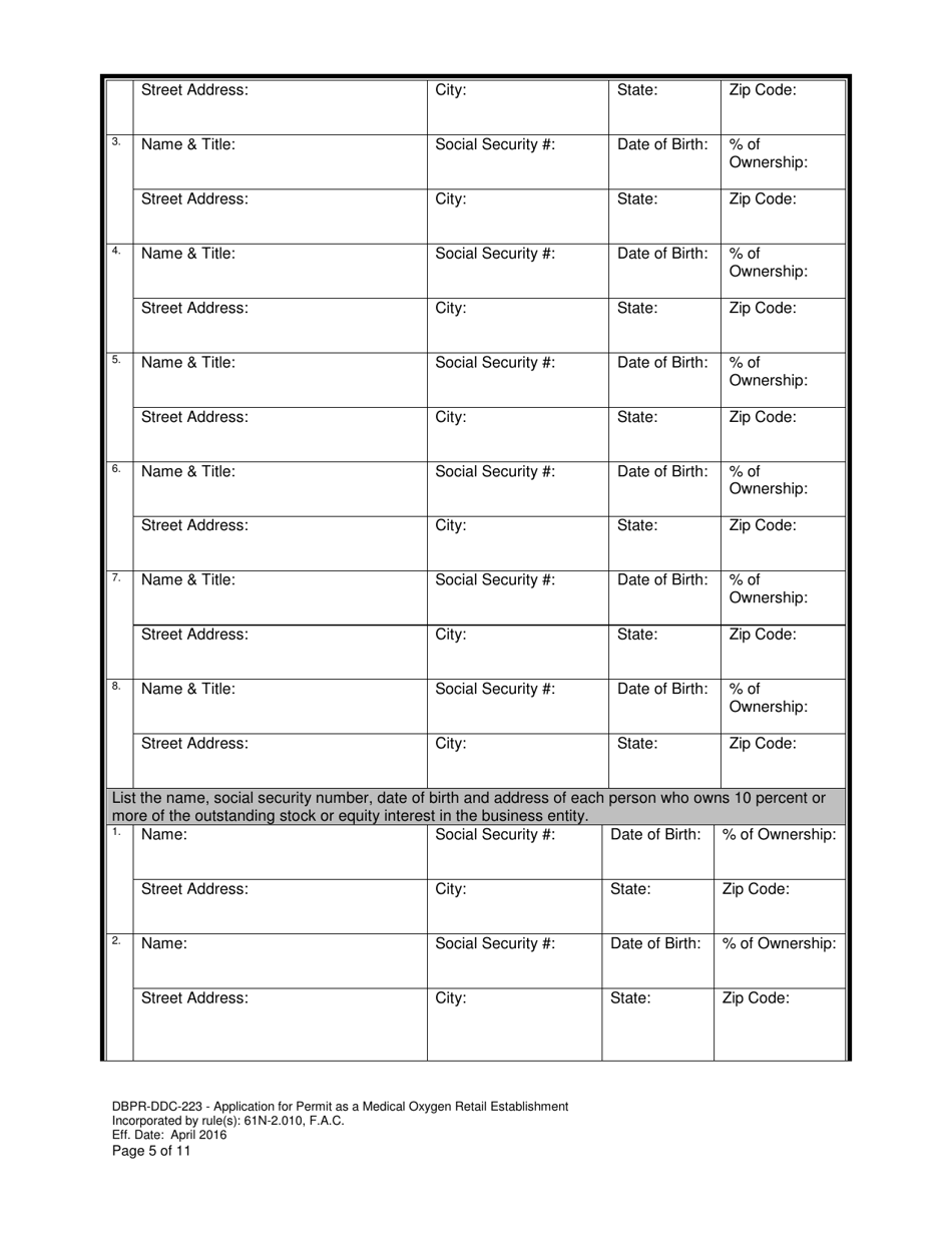 Form DBPR-DDC-223 Application for Permit as a Medical Oxygen Retail Establishment - Florida, Page 5