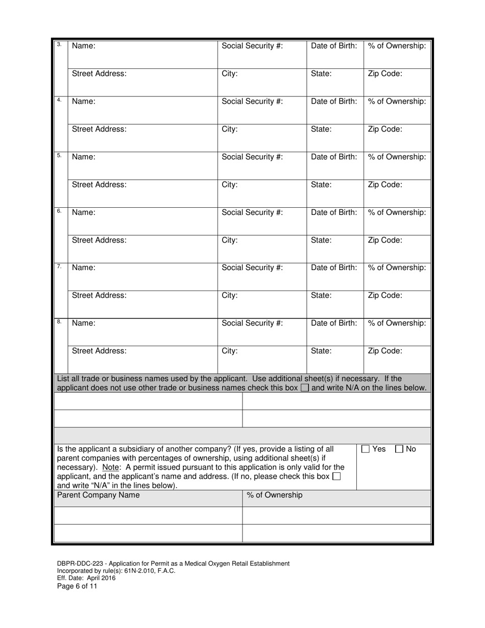 Form DBPR-DDC-223 Application for Permit as a Medical Oxygen Retail Establishment - Florida, Page 6