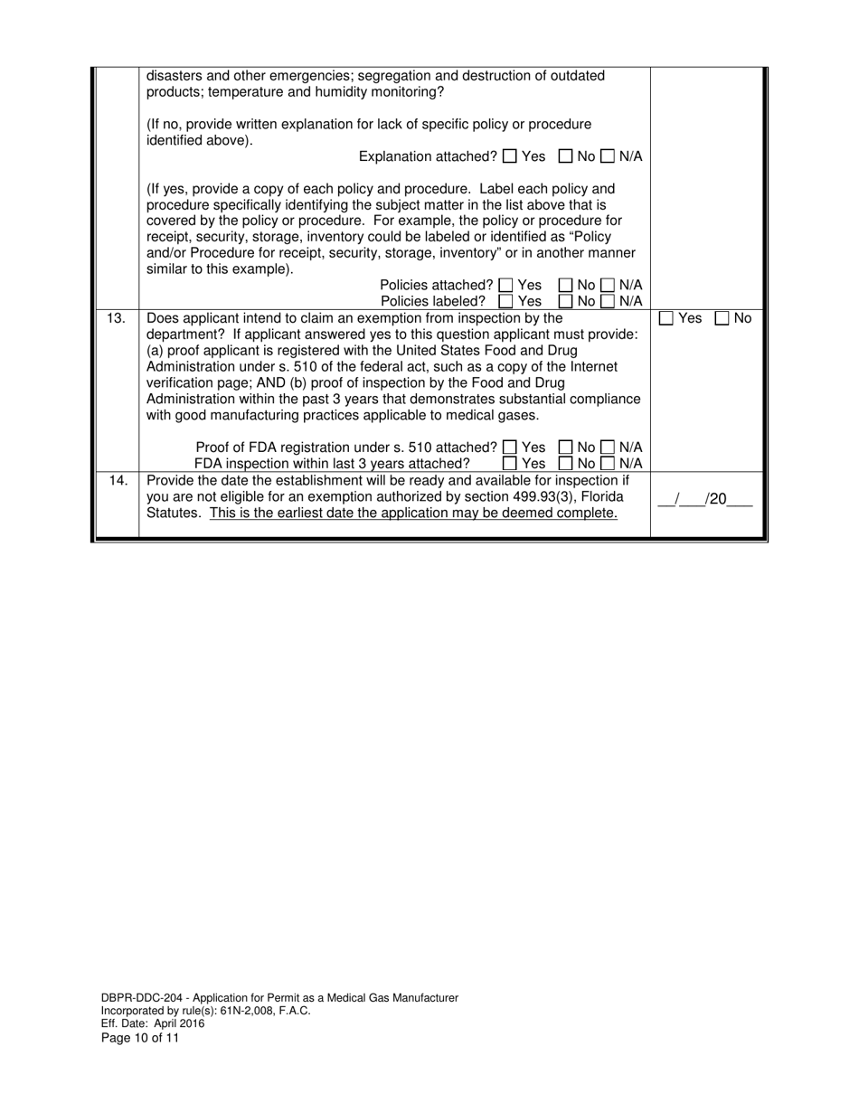 Form DBPR-DDC-204 Application for Permit as a Medical Gas Manufacturer - Florida, Page 10