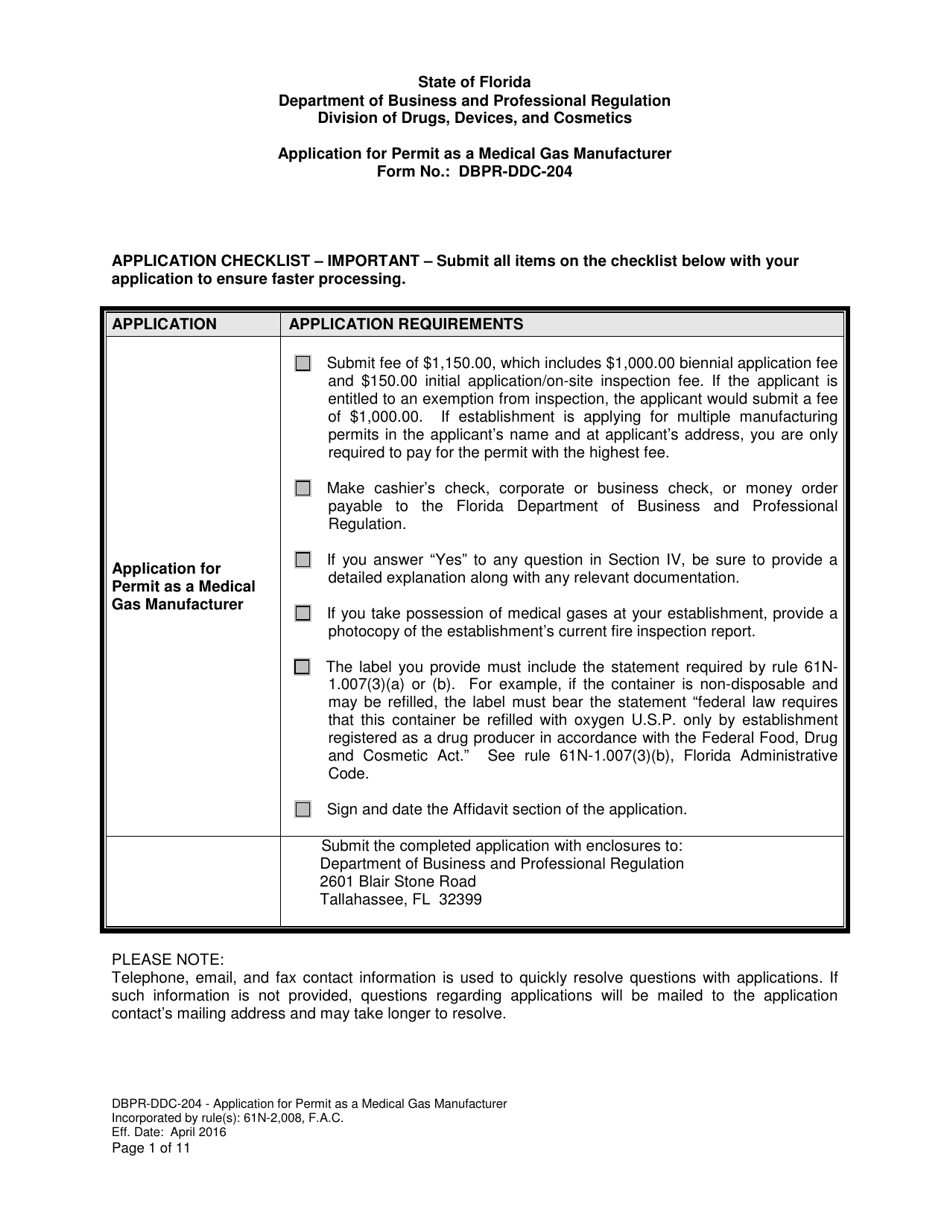 Form DBPR-DDC-204 Application for Permit as a Medical Gas Manufacturer - Florida, Page 1