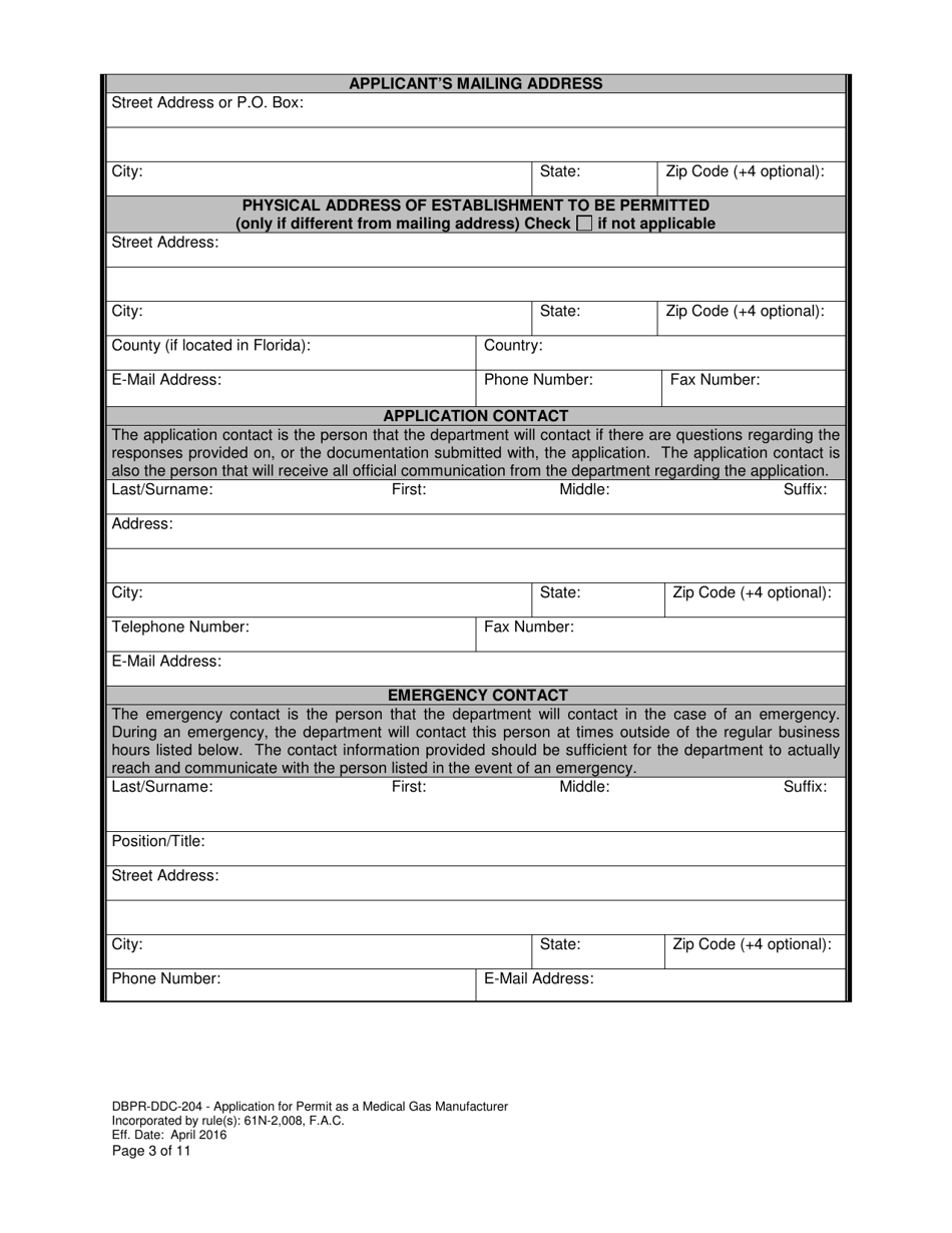 Form DBPR-DDC-204 Application for Permit as a Medical Gas Manufacturer - Florida, Page 3