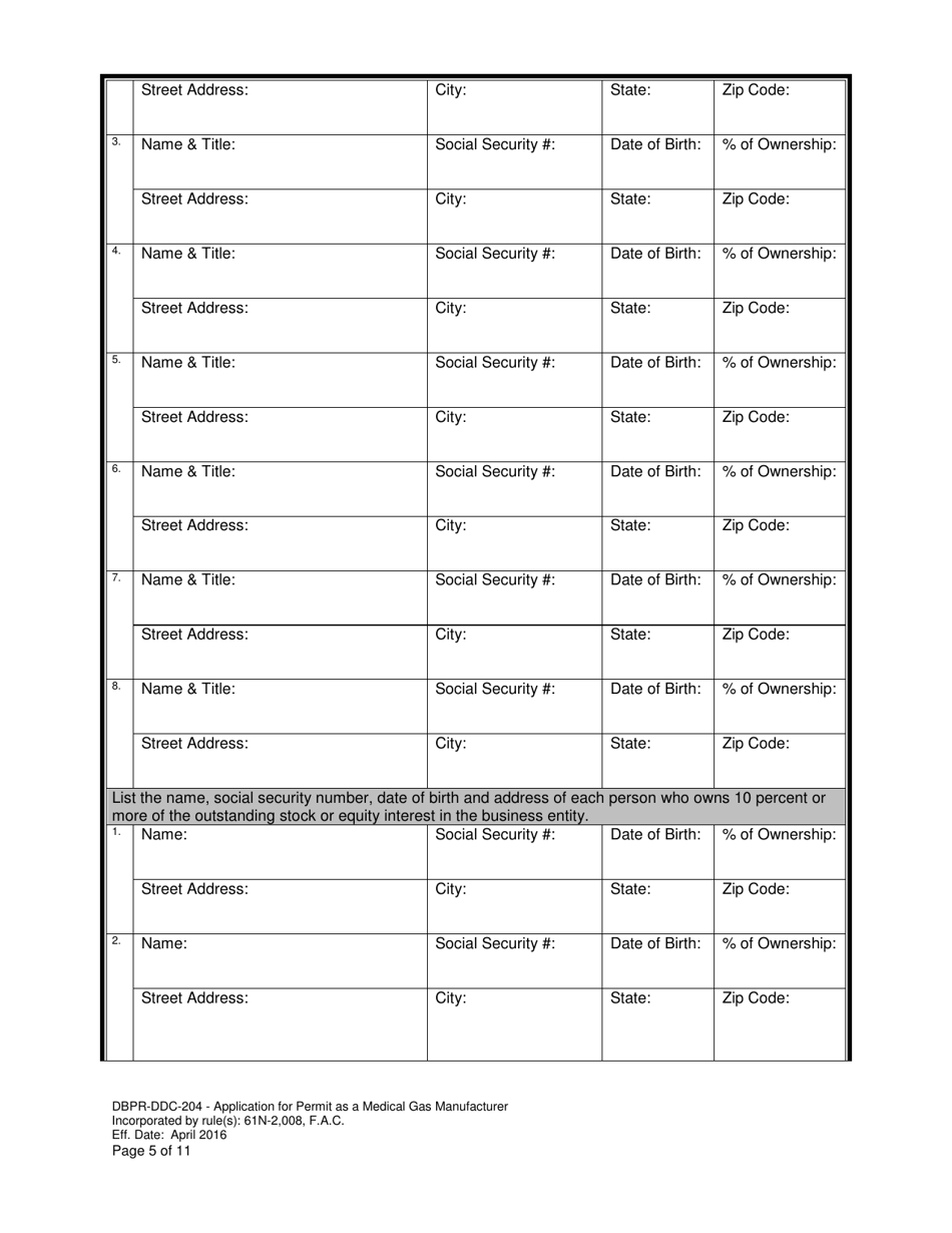 Form DBPR-DDC-204 Application for Permit as a Medical Gas Manufacturer - Florida, Page 5
