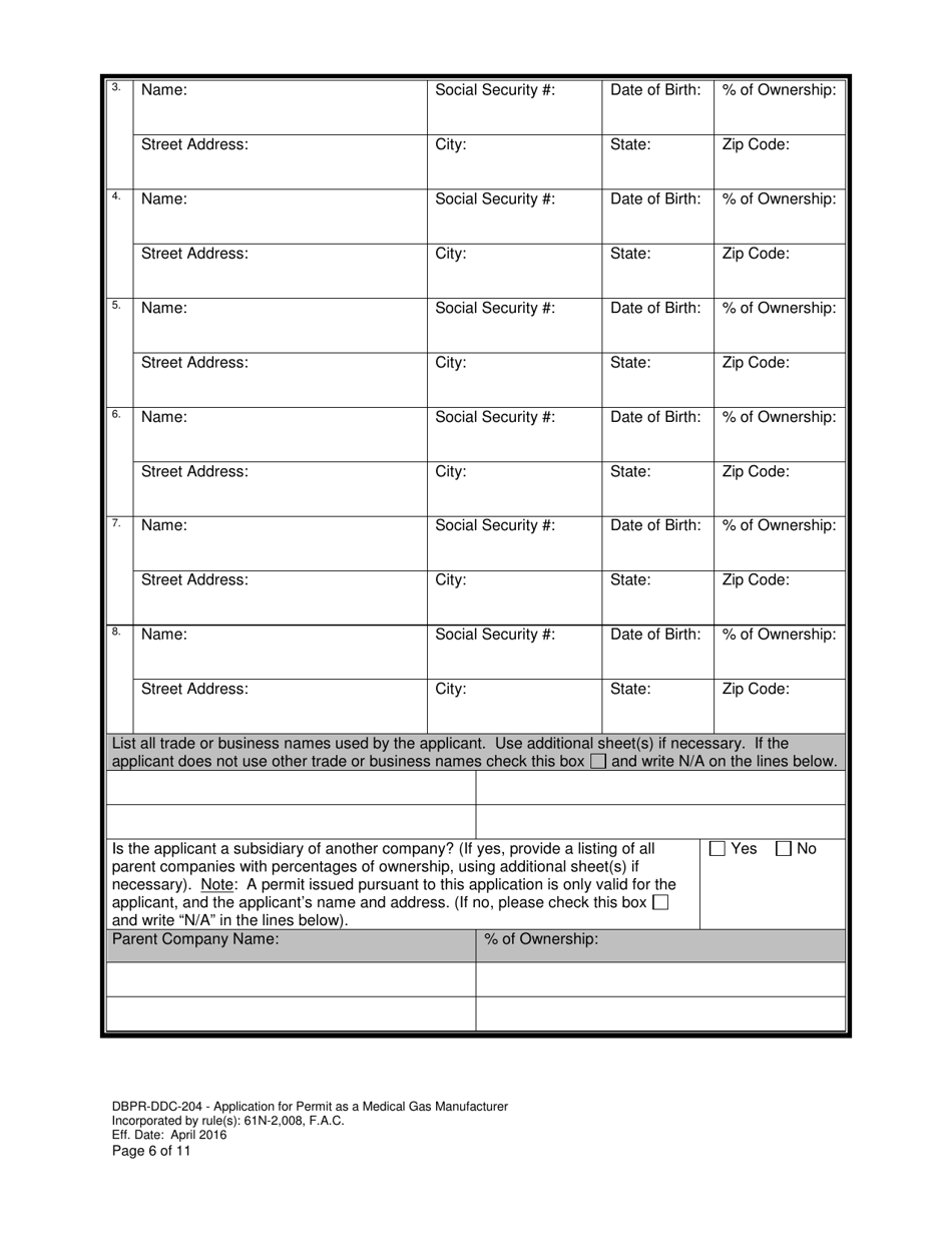 Form DBPR-DDC-204 Application for Permit as a Medical Gas Manufacturer - Florida, Page 6