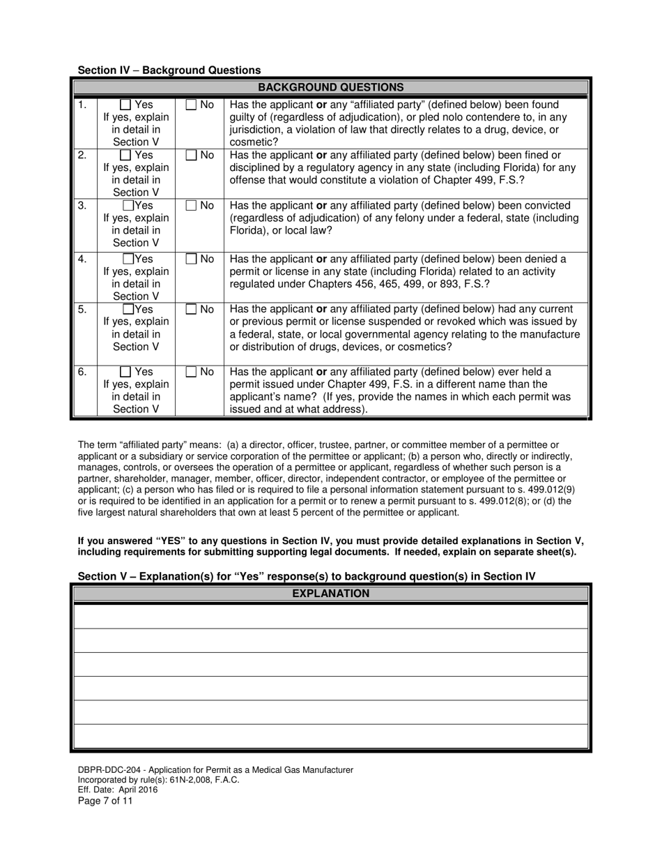 Form DBPR-DDC-204 Application for Permit as a Medical Gas Manufacturer - Florida, Page 7