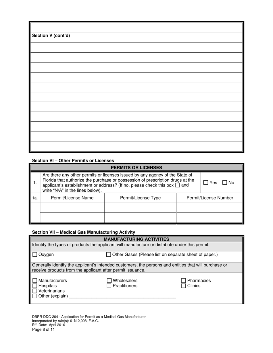 Form DBPR-DDC-204 Application for Permit as a Medical Gas Manufacturer - Florida, Page 8