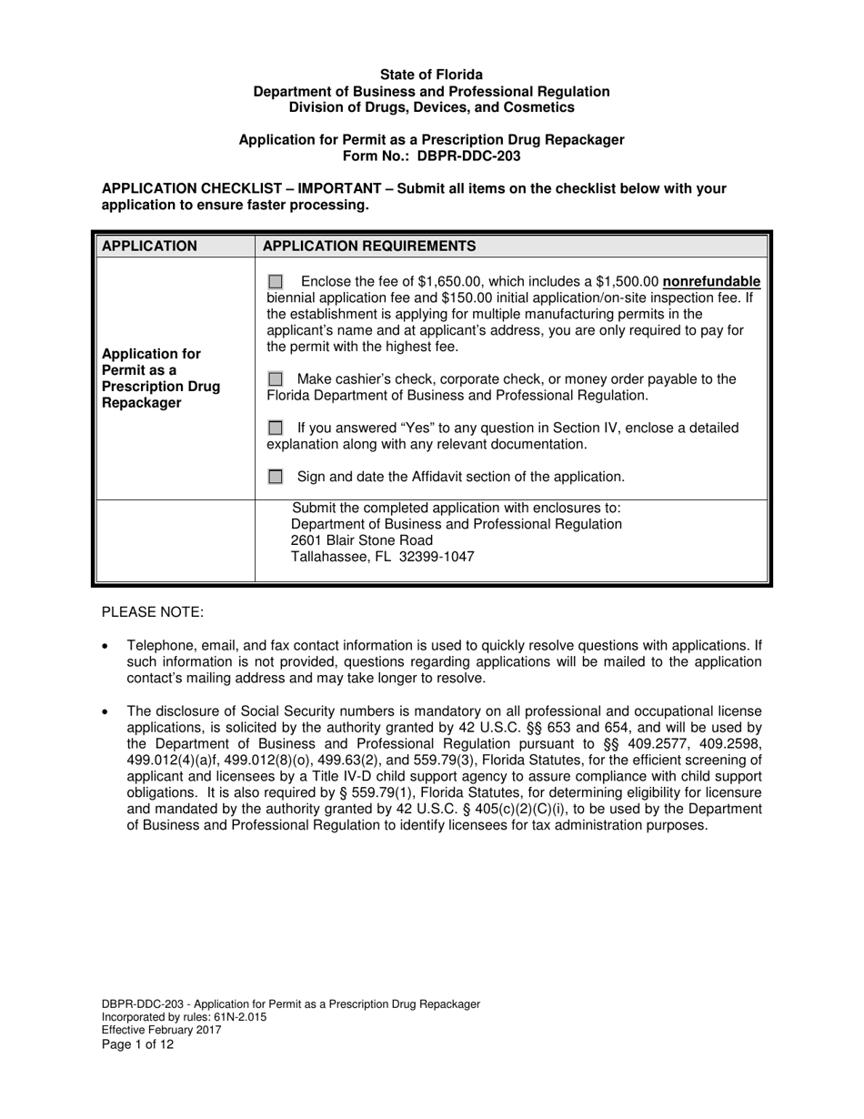 Form DBPR-DDC-203 Application for Permit as a Prescription Drug Repackager - Florida, Page 1
