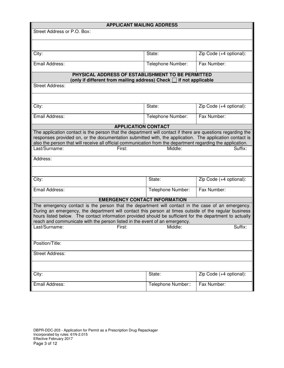 Form DBPR-DDC-203 Application for Permit as a Prescription Drug Repackager - Florida, Page 3