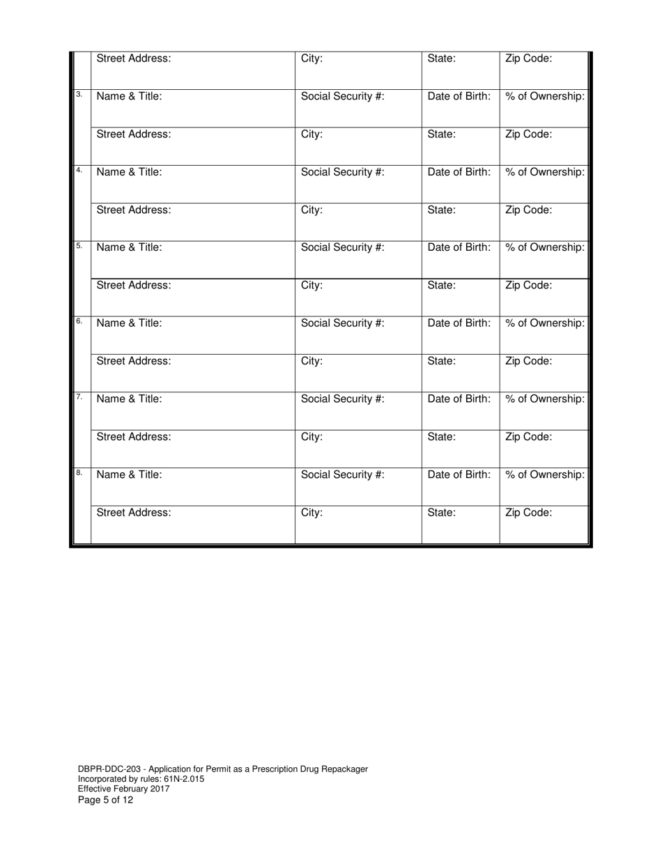 Form DBPR-DDC-203 Application for Permit as a Prescription Drug Repackager - Florida, Page 5