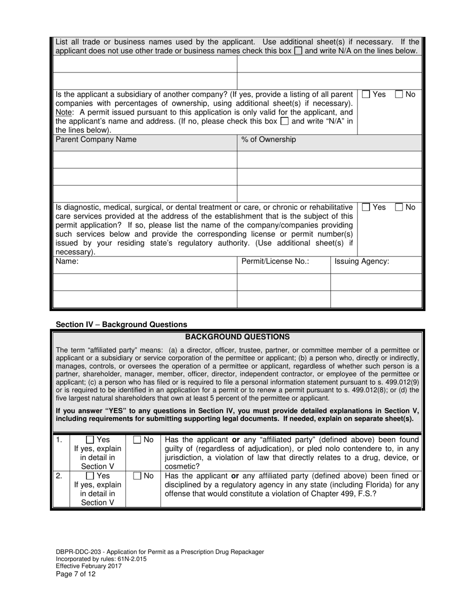 Form DBPR-DDC-203 Application for Permit as a Prescription Drug Repackager - Florida, Page 7