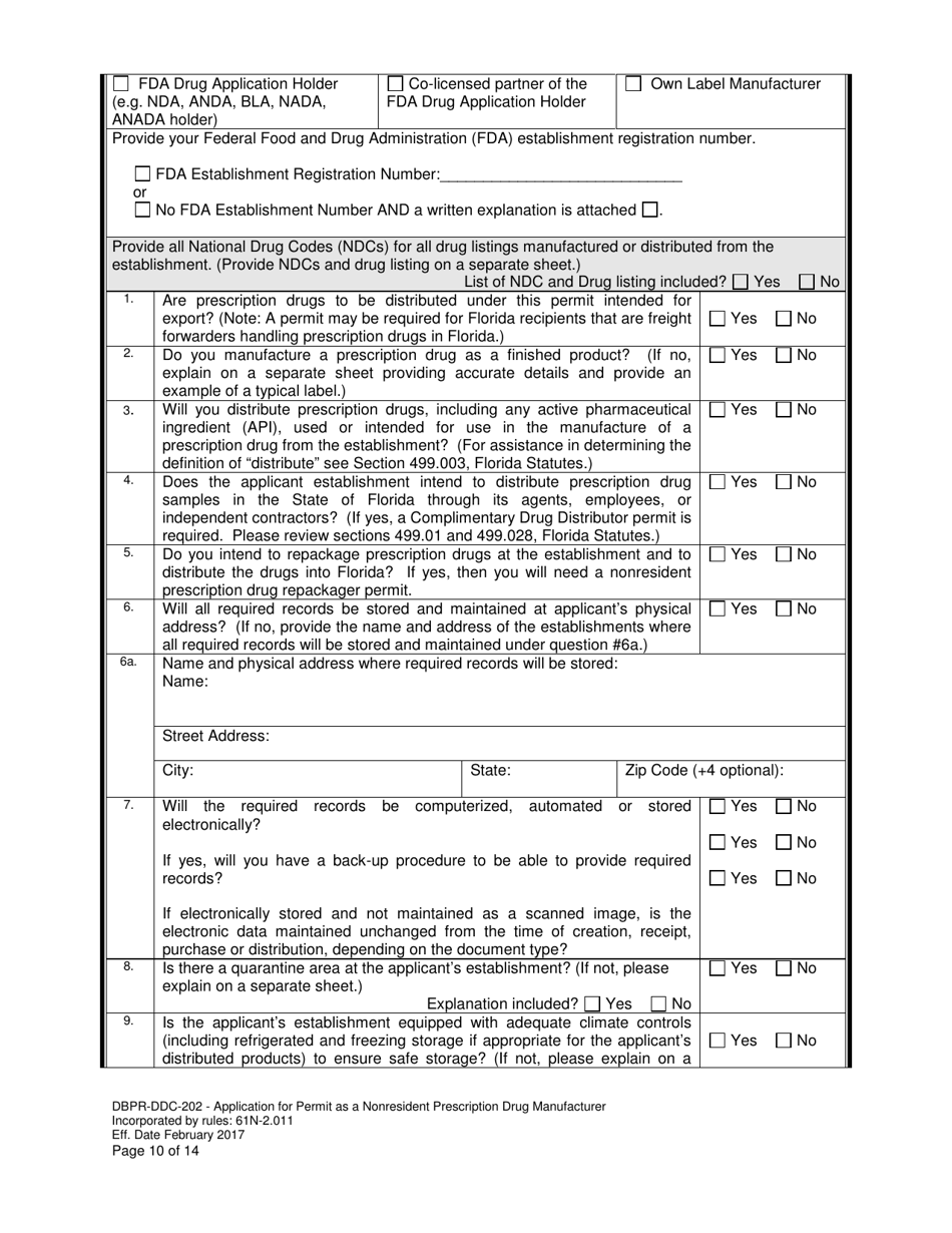Form DBPR-DDC-202 Application for Permit as a Nonresident Prescription Drug Manufacturer - Florida, Page 10