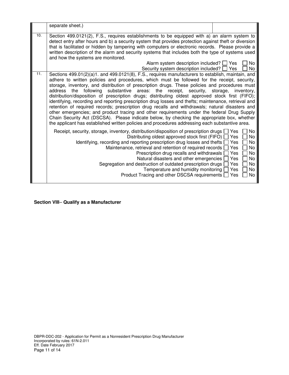Form DBPR-DDC-202 Application for Permit as a Nonresident Prescription Drug Manufacturer - Florida, Page 11