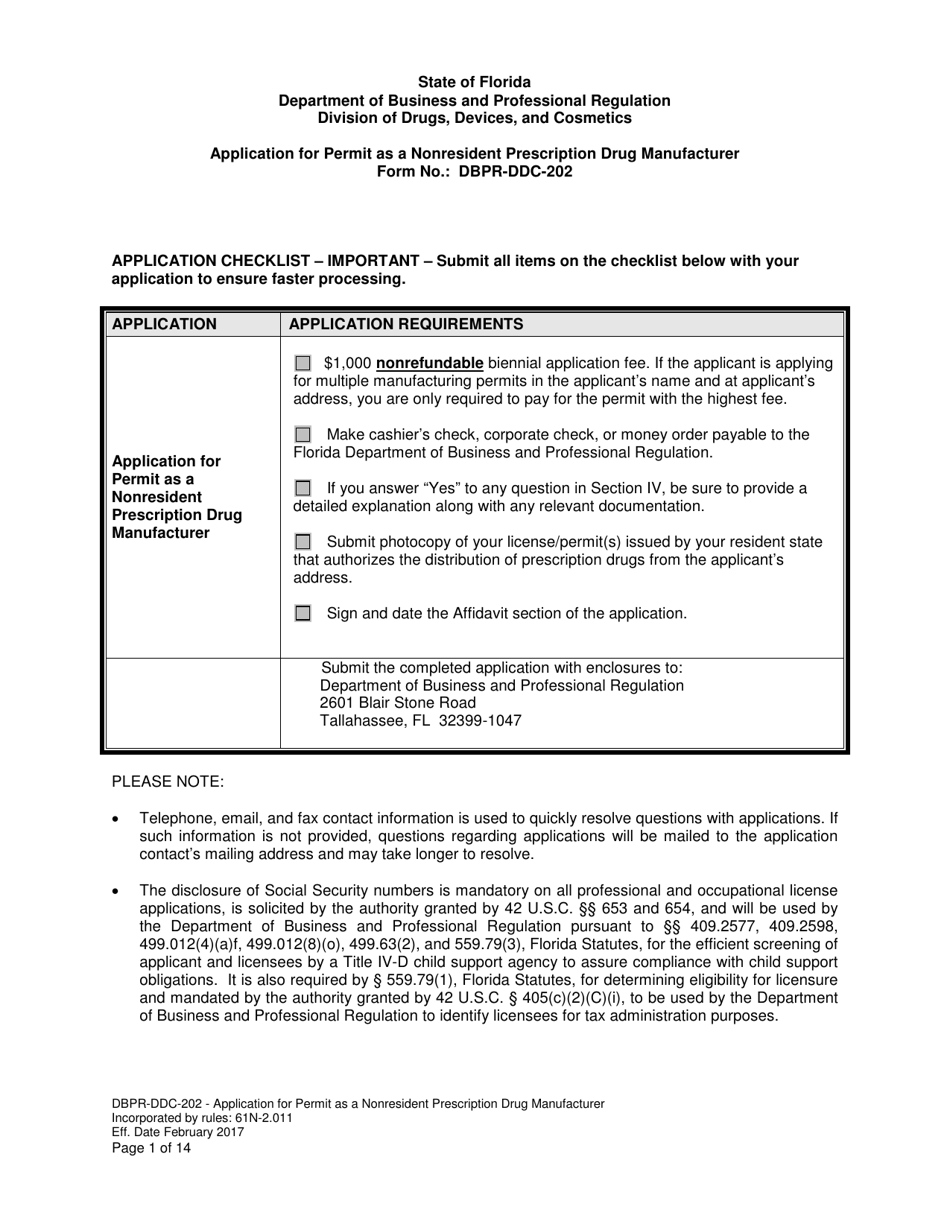 Form DBPR-DDC-202 Application for Permit as a Nonresident Prescription Drug Manufacturer - Florida, Page 1