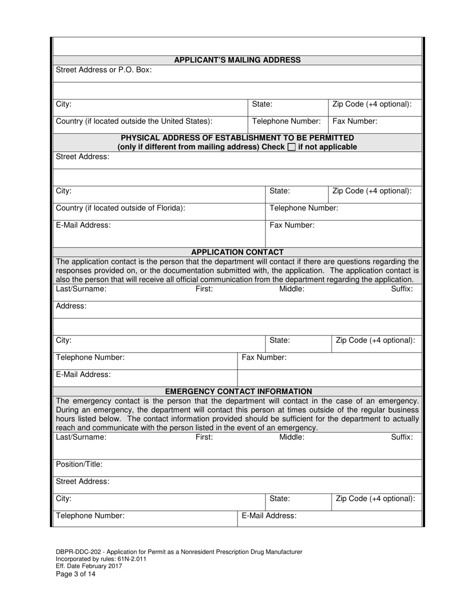 Form DBPR-DDC-202 Application for Permit as a Nonresident Prescription Drug Manufacturer - Florida, Page 3