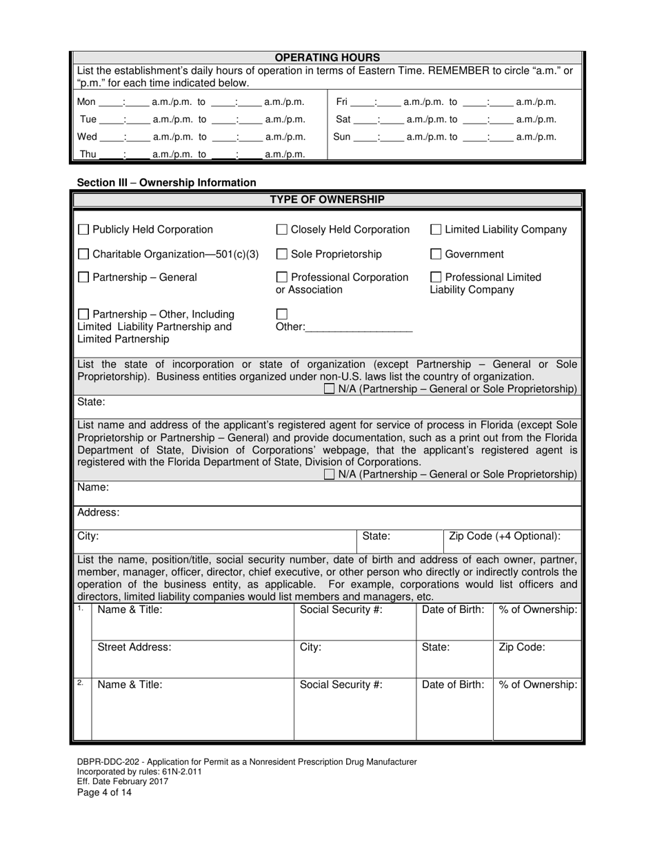 Form DBPR-DDC-202 Application for Permit as a Nonresident Prescription Drug Manufacturer - Florida, Page 4