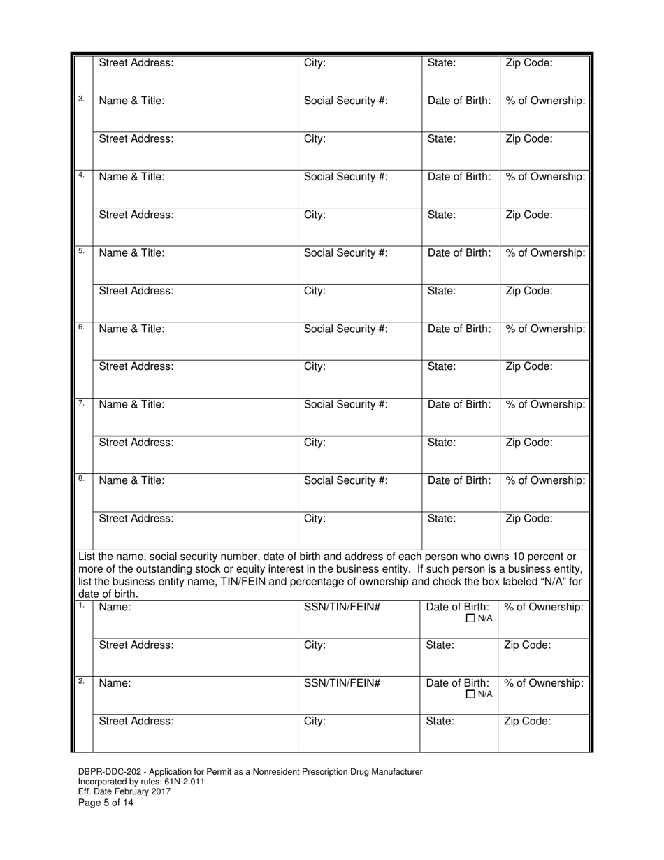 Form DBPR-DDC-202 Application for Permit as a Nonresident Prescription Drug Manufacturer - Florida, Page 5