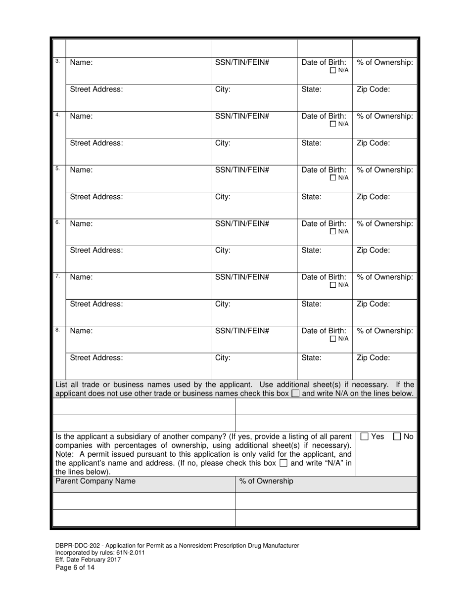 Form DBPR-DDC-202 Application for Permit as a Nonresident Prescription Drug Manufacturer - Florida, Page 6