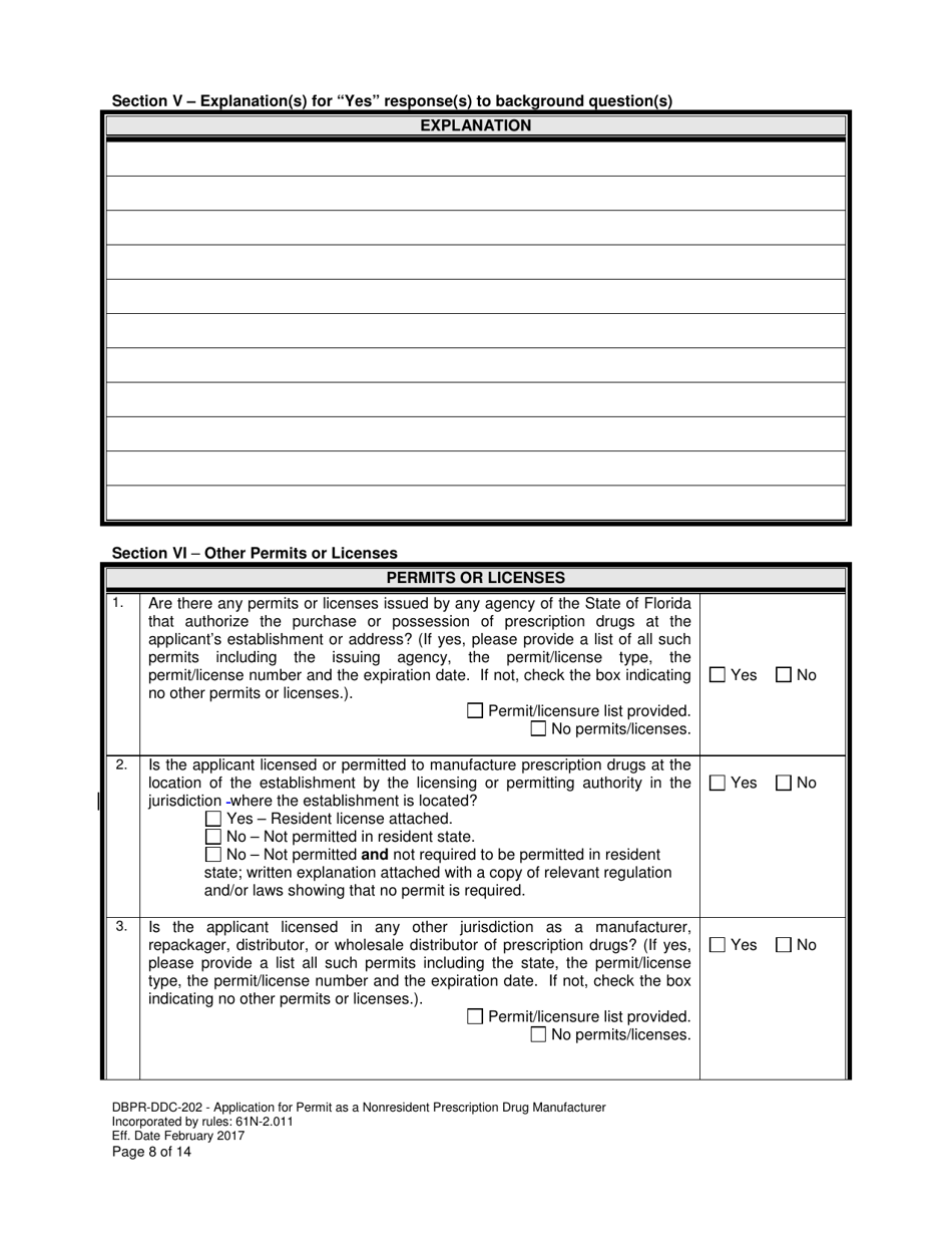 Form DBPR-DDC-202 Application for Permit as a Nonresident Prescription Drug Manufacturer - Florida, Page 8