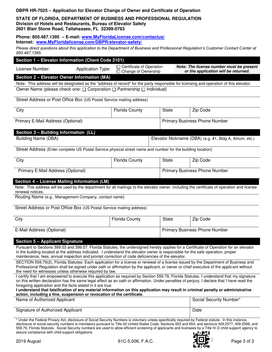 Form DBPR HR-7025 Application for Elevator Change of Owner and Certificate of Operation - Florida, Page 3