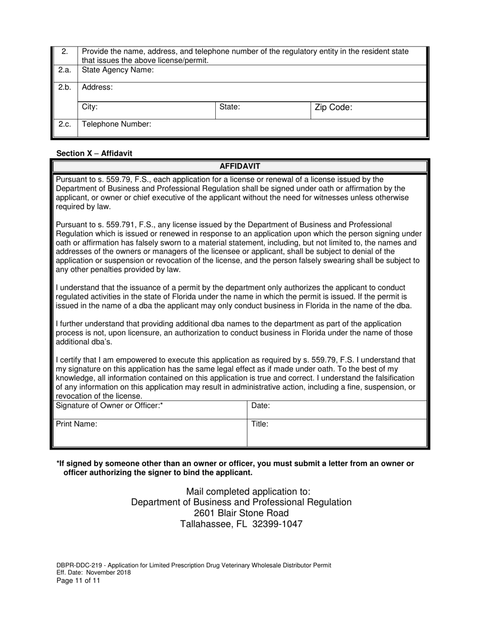 Form DBPR-DDC-219 Application for Limited Prescription Drug Veterinary Wholesale Distributor Permit - Florida, Page 11