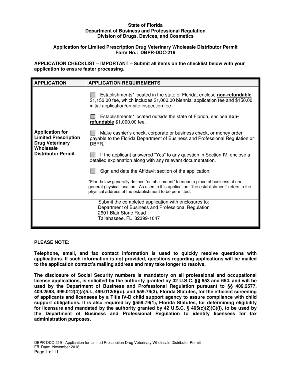Form DBPR-DDC-219 Application for Limited Prescription Drug Veterinary Wholesale Distributor Permit - Florida, Page 1