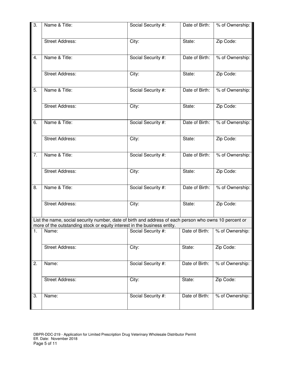 Form DBPR-DDC-219 Application for Limited Prescription Drug Veterinary Wholesale Distributor Permit - Florida, Page 5