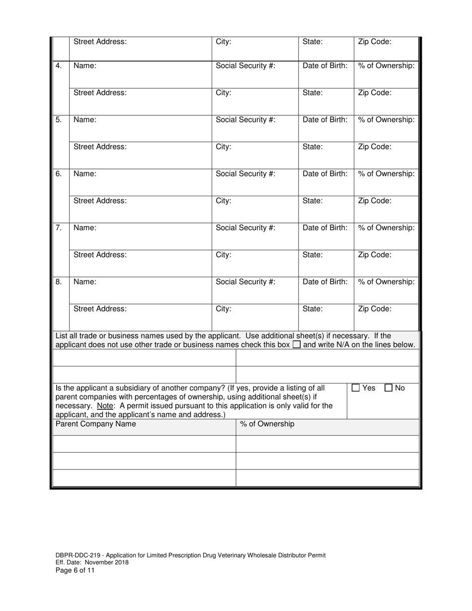 Form DBPR-DDC-219 Application for Limited Prescription Drug Veterinary Wholesale Distributor Permit - Florida, Page 6