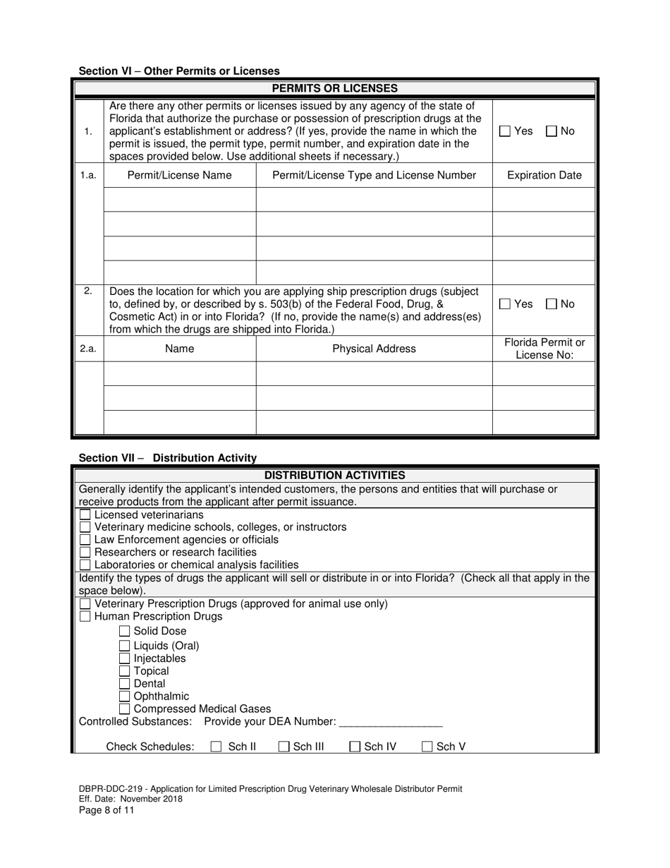 Form DBPR-DDC-219 Application for Limited Prescription Drug Veterinary Wholesale Distributor Permit - Florida, Page 8