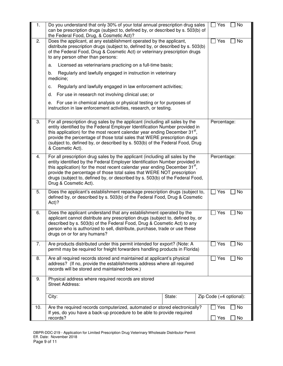 Form DBPR-DDC-219 Application for Limited Prescription Drug Veterinary Wholesale Distributor Permit - Florida, Page 9