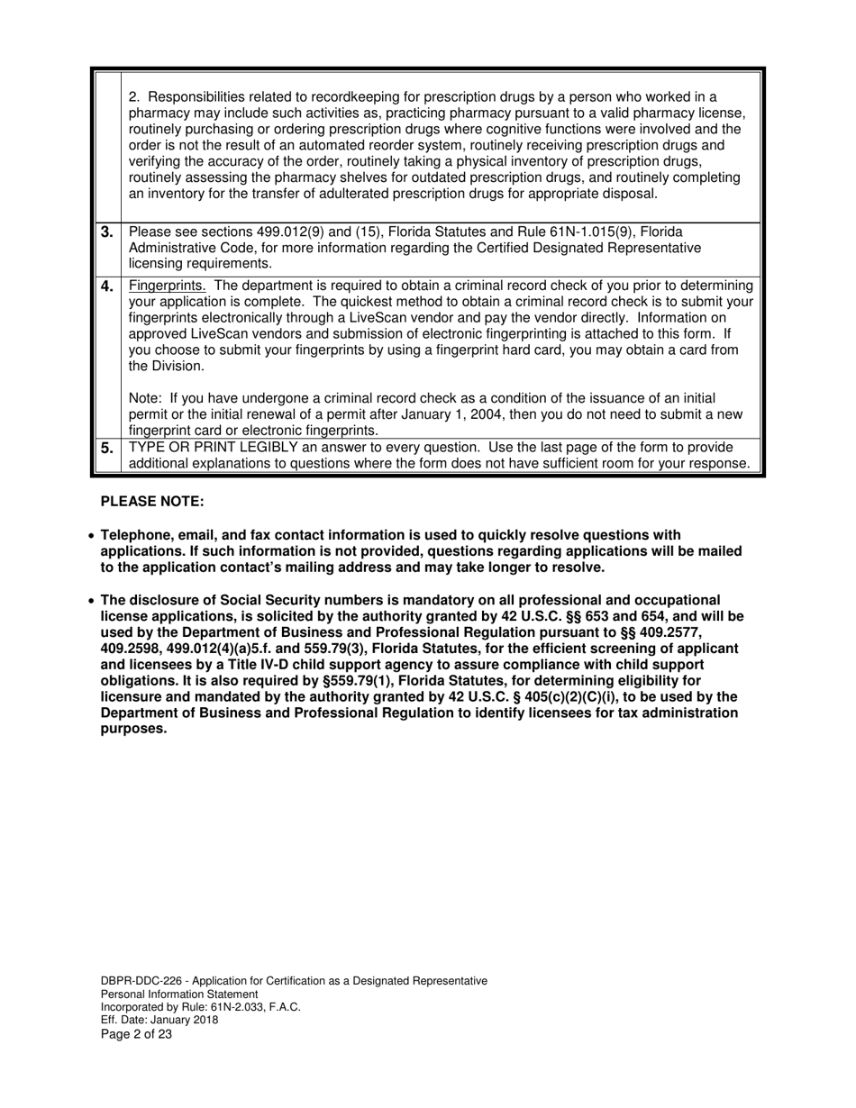 Form DBPR-DDC-226 Application for Certification as a Designated Representative - Florida, Page 2