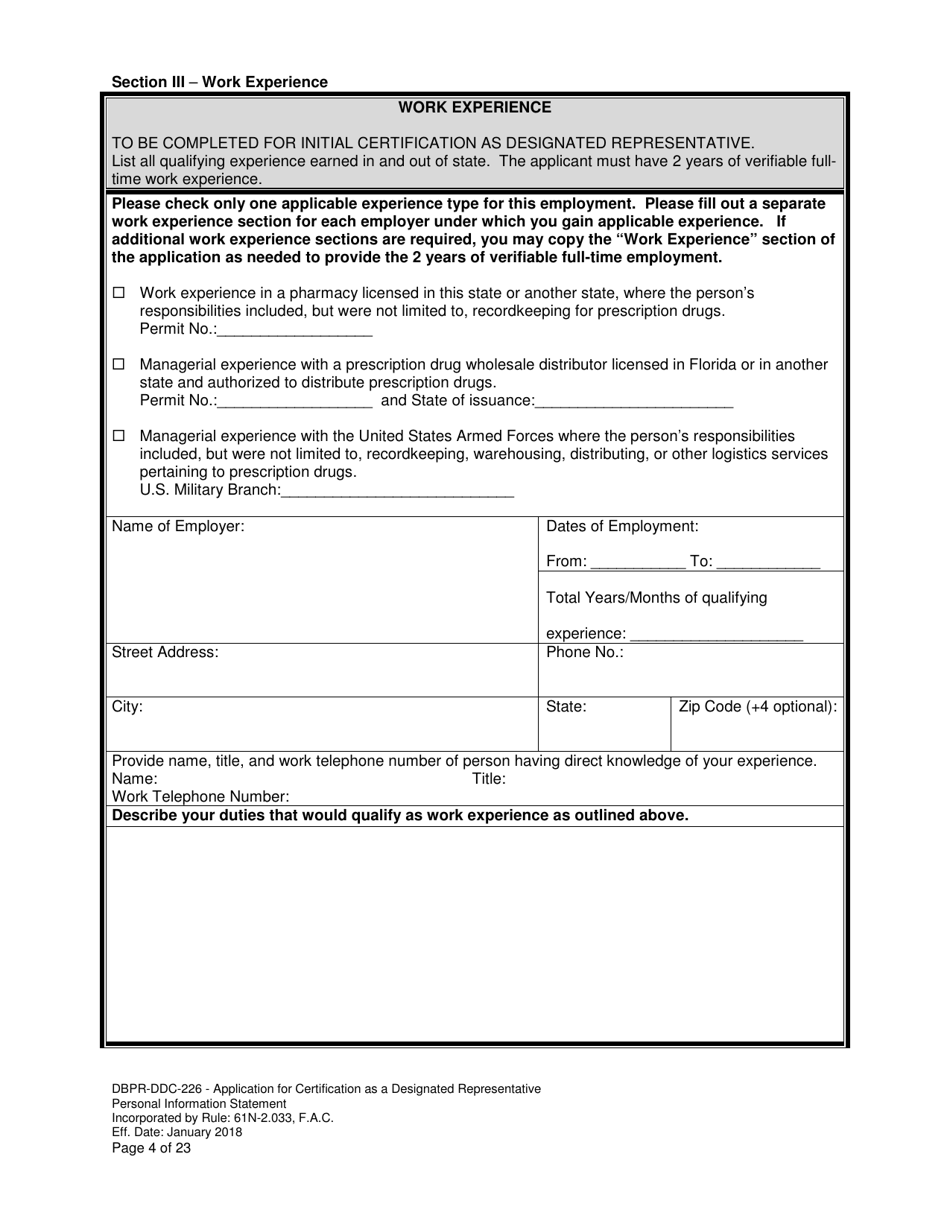 Form DBPR-DDC-226 Application for Certification as a Designated Representative - Florida, Page 4