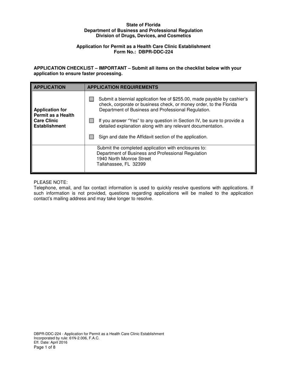 Form DBPR-DDC-224 Application for Permit as a Health Care Clinic Establishment - Florida, Page 1
