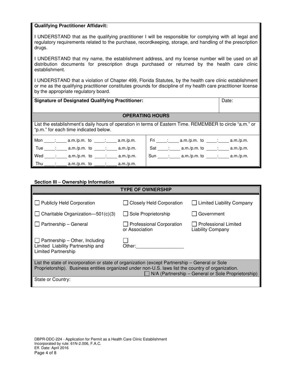 Form DBPR-DDC-224 Application for Permit as a Health Care Clinic Establishment - Florida, Page 4