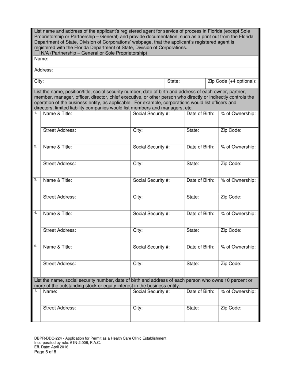 Form DBPR-DDC-224 Application for Permit as a Health Care Clinic Establishment - Florida, Page 5