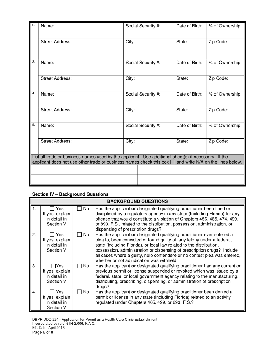 Form DBPR-DDC-224 Application for Permit as a Health Care Clinic Establishment - Florida, Page 6