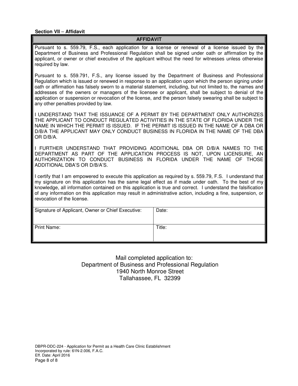 Form DBPR-DDC-224 Application for Permit as a Health Care Clinic Establishment - Florida, Page 8