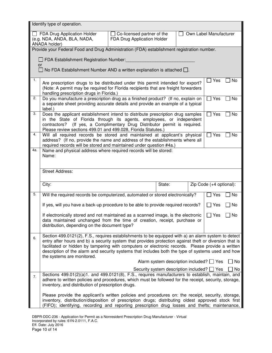 Form DBPR-DDC-236 Application for Permit as a Nonresident Prescription Drug Manufacturer - Virtual - Florida, Page 10