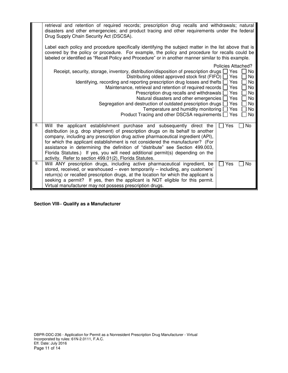 Form DBPR-DDC-236 Application for Permit as a Nonresident Prescription Drug Manufacturer - Virtual - Florida, Page 11