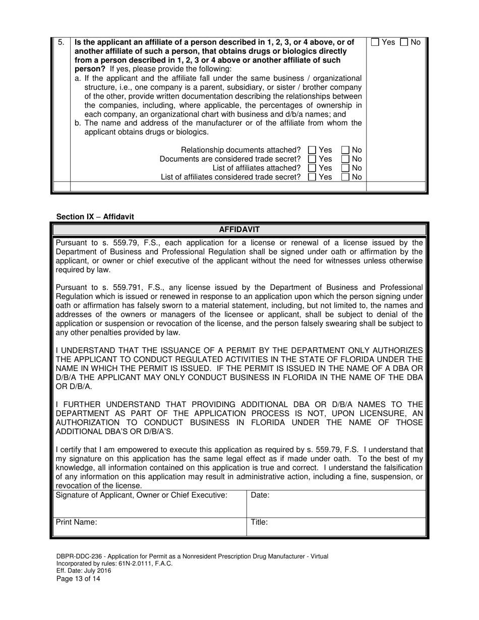 Form DBPR-DDC-236 Application for Permit as a Nonresident Prescription Drug Manufacturer - Virtual - Florida, Page 13
