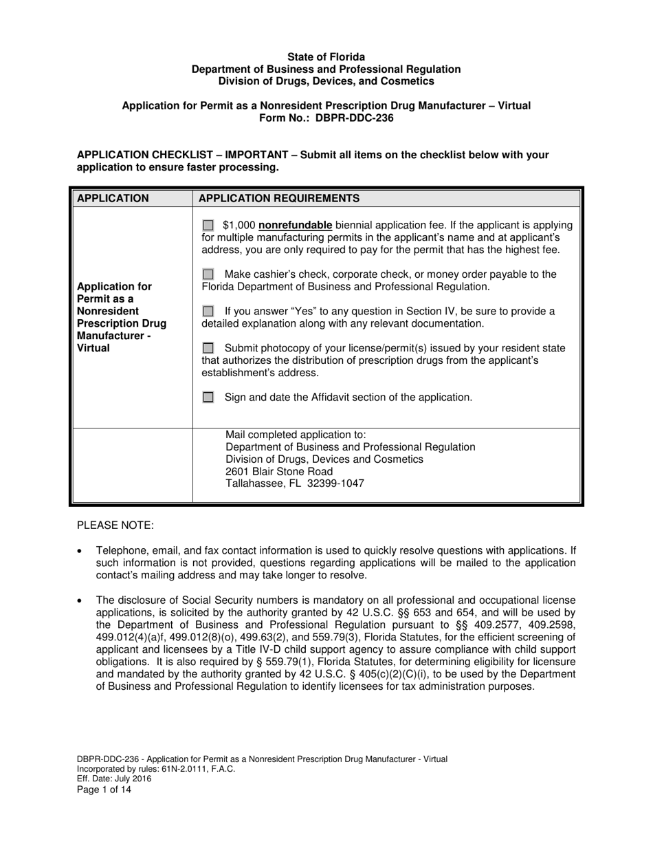 Form DBPR-DDC-236 Application for Permit as a Nonresident Prescription Drug Manufacturer - Virtual - Florida, Page 1