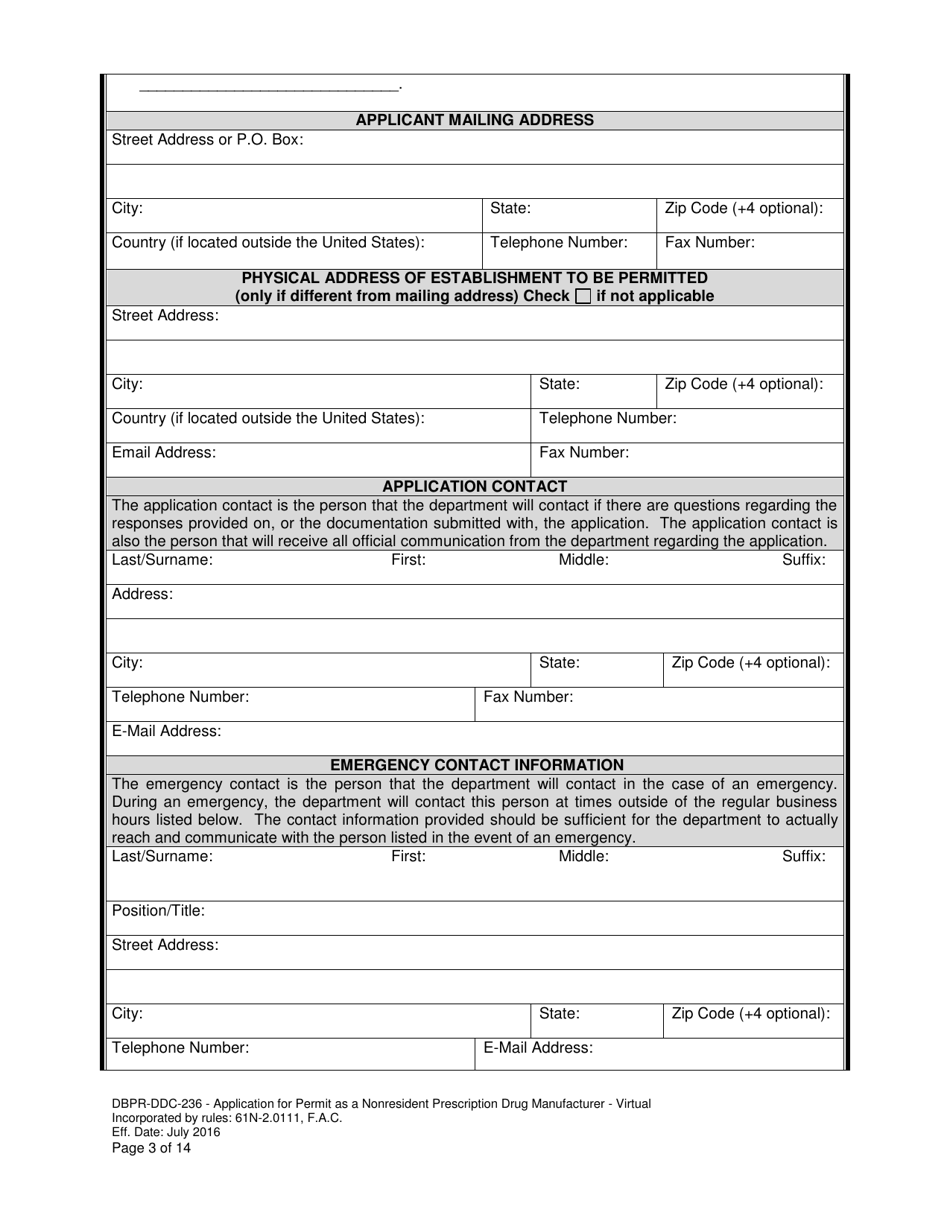 Form DBPR-DDC-236 Application for Permit as a Nonresident Prescription Drug Manufacturer - Virtual - Florida, Page 3