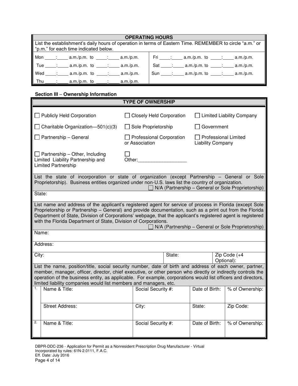 Form DBPR-DDC-236 Application for Permit as a Nonresident Prescription Drug Manufacturer - Virtual - Florida, Page 4