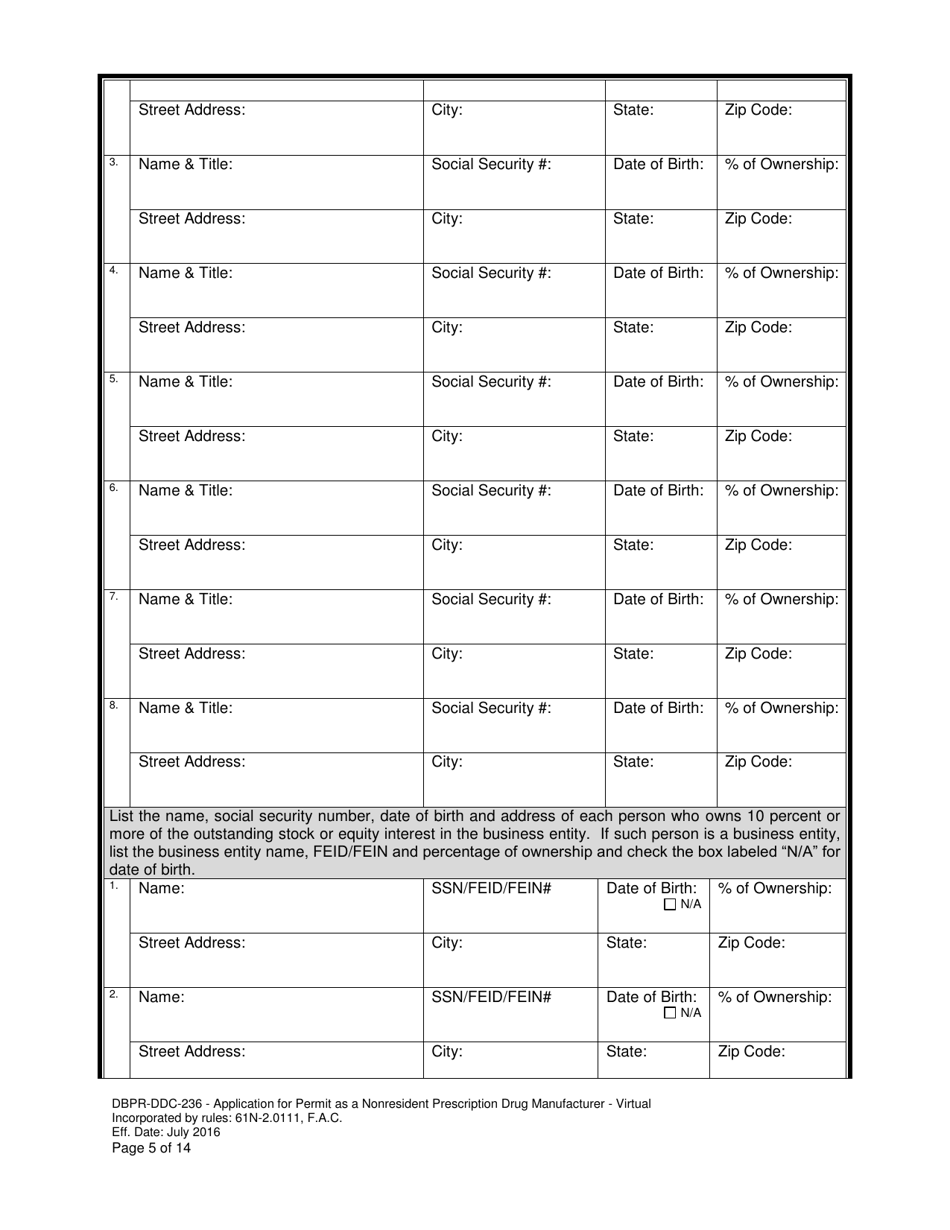 Form DBPR-DDC-236 Application for Permit as a Nonresident Prescription Drug Manufacturer - Virtual - Florida, Page 5