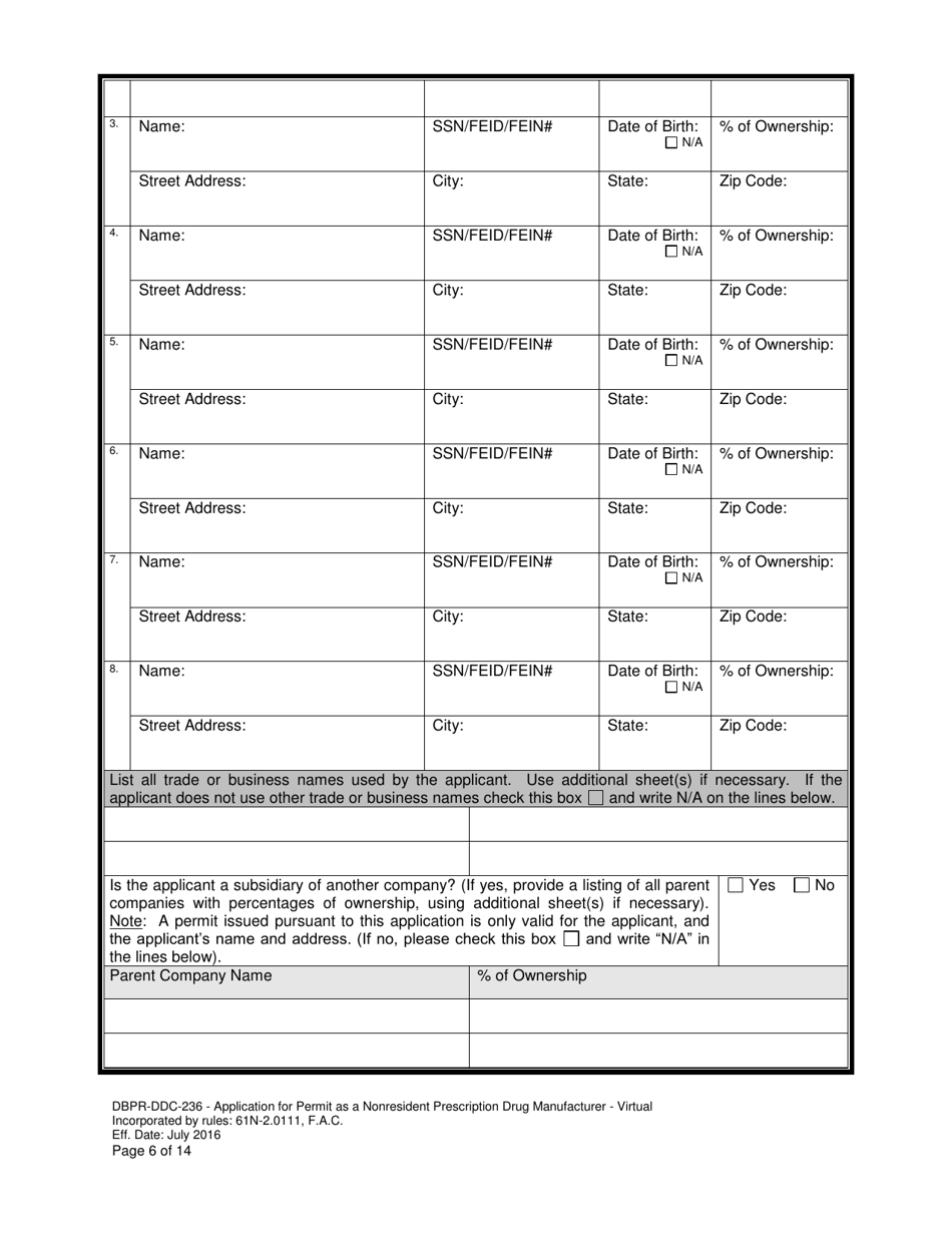 Form DBPR-DDC-236 Application for Permit as a Nonresident Prescription Drug Manufacturer - Virtual - Florida, Page 6